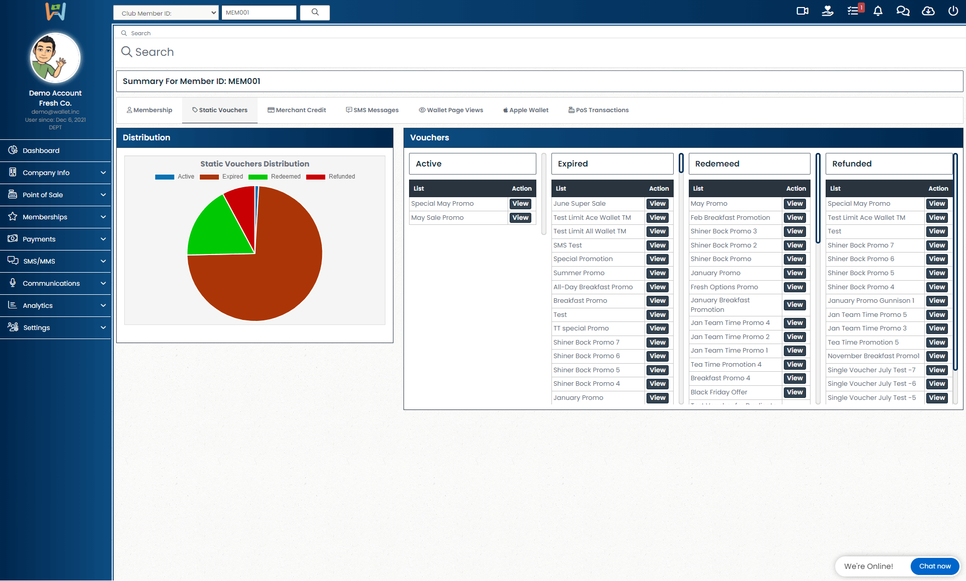 Wallet: Features » Dashboard and Customer Stats.