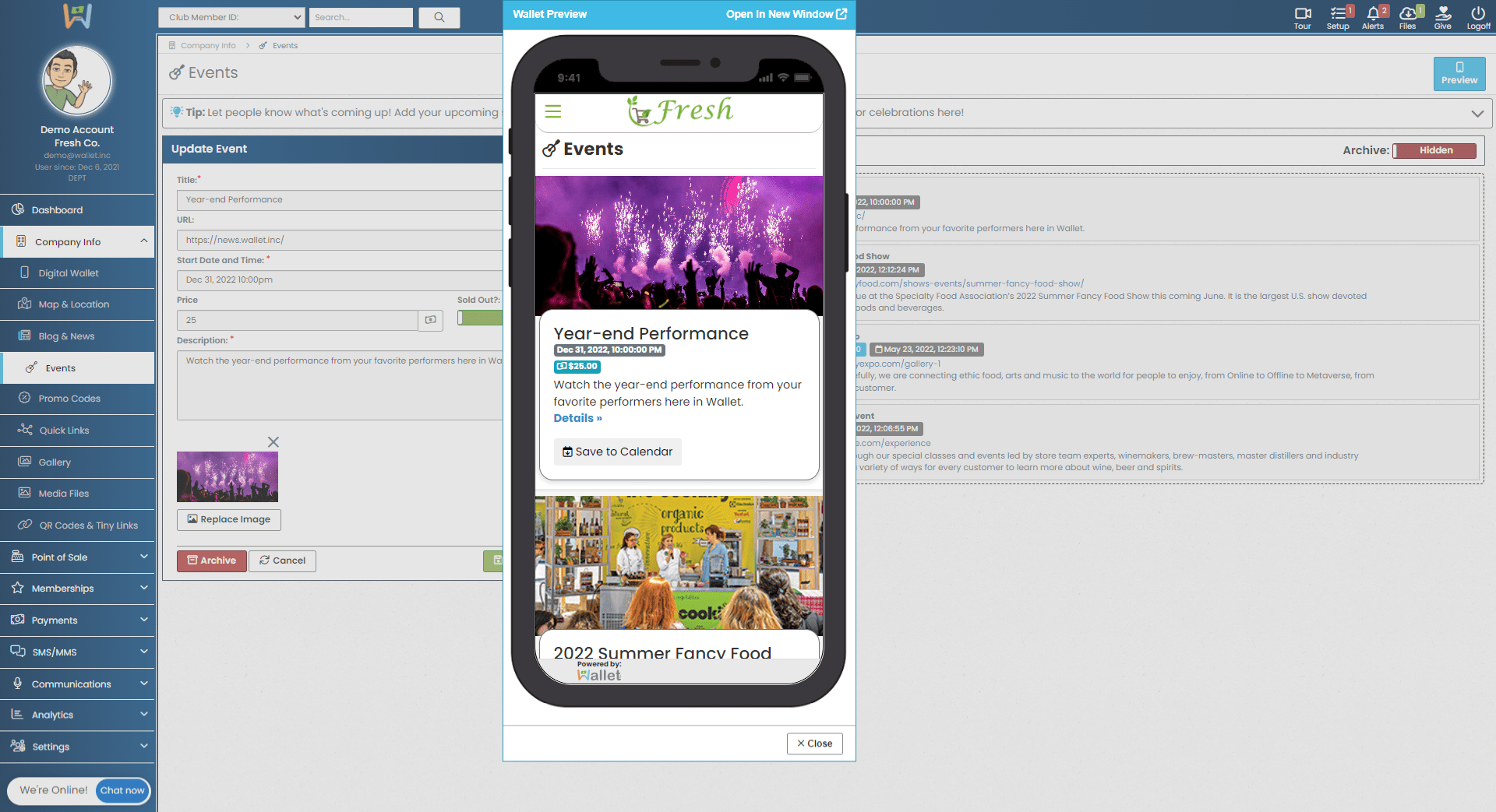 See exactly what your customers will see in the Live Events area of your Wallet
