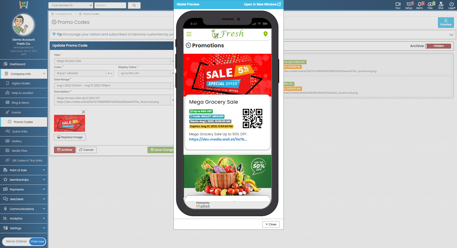 See exactly what your customers will see in the Promo Codes area of your Wallet