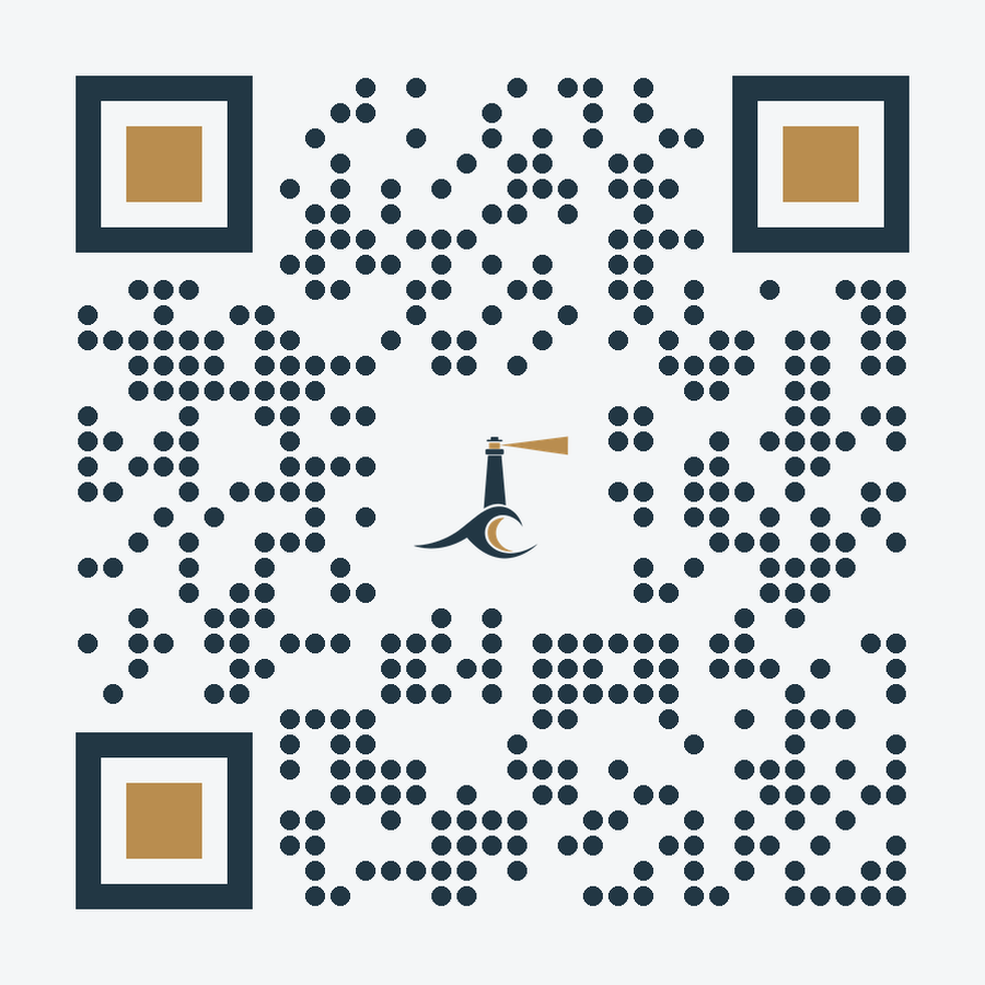A QR code in a hotel's navy and sand palette with its own mark in the center.