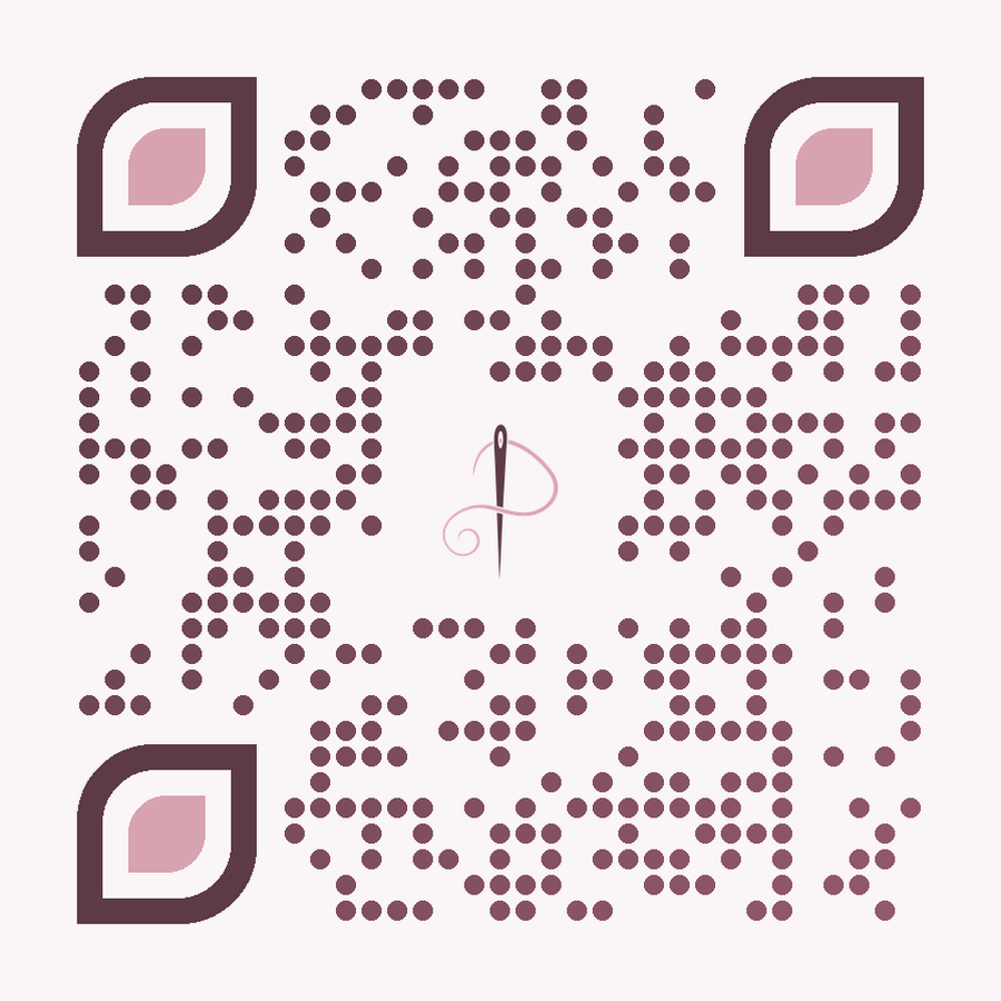 A QR code in a retail boutique's muted plum palette with its own monogram in the center.