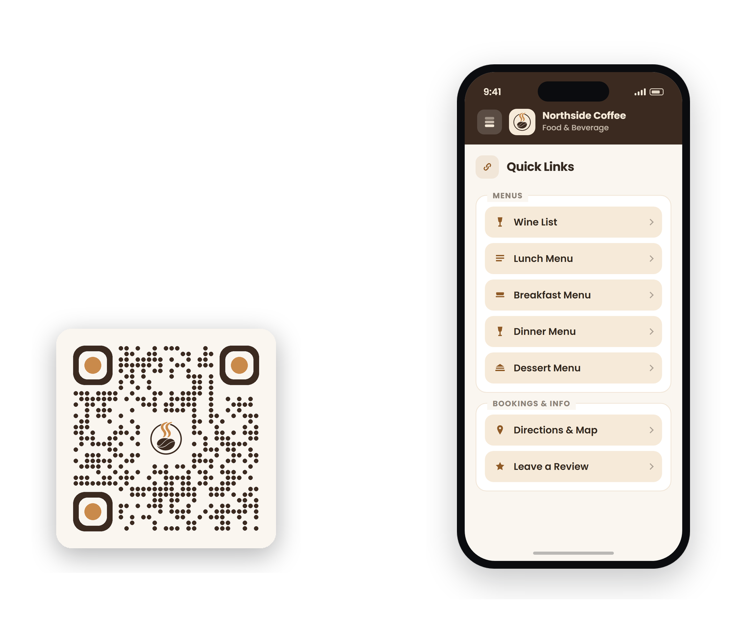 A QR code restyling through eight different merchant brands, each in that business's own colors with its own logo in the center, beside a phone showing the Quick Links page the code opens.