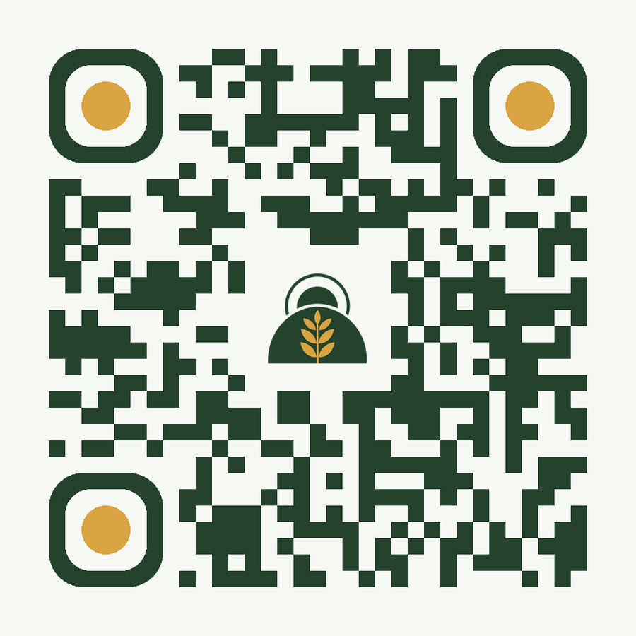 A QR code in a grocery market's fresh green palette with its own mark in the center.