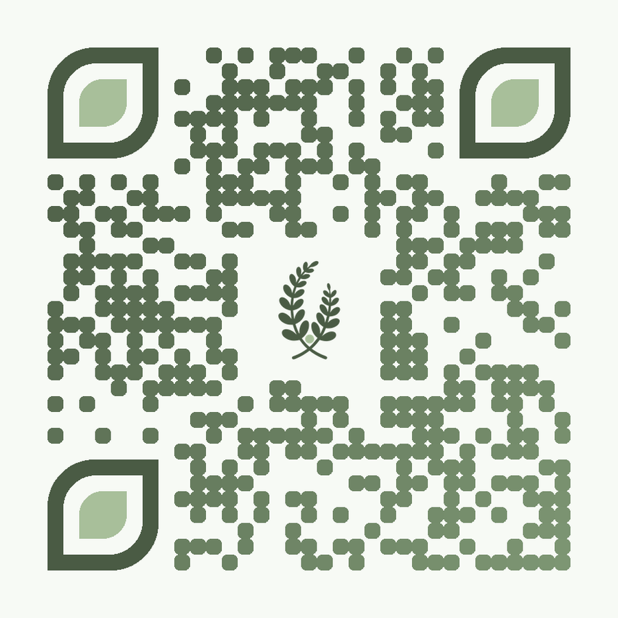 A QR code in a spa's soft green palette with its botanical mark in the center.