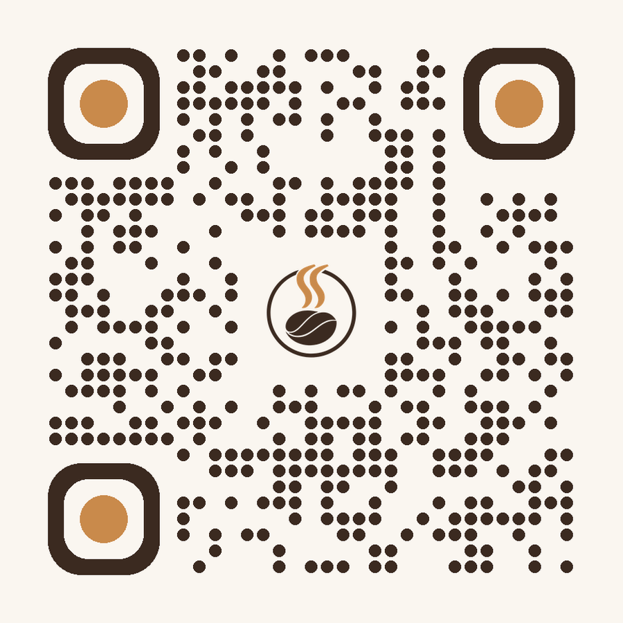 A QR code in a coffee shop's warm brown palette with its coffee-bean logo in the center.