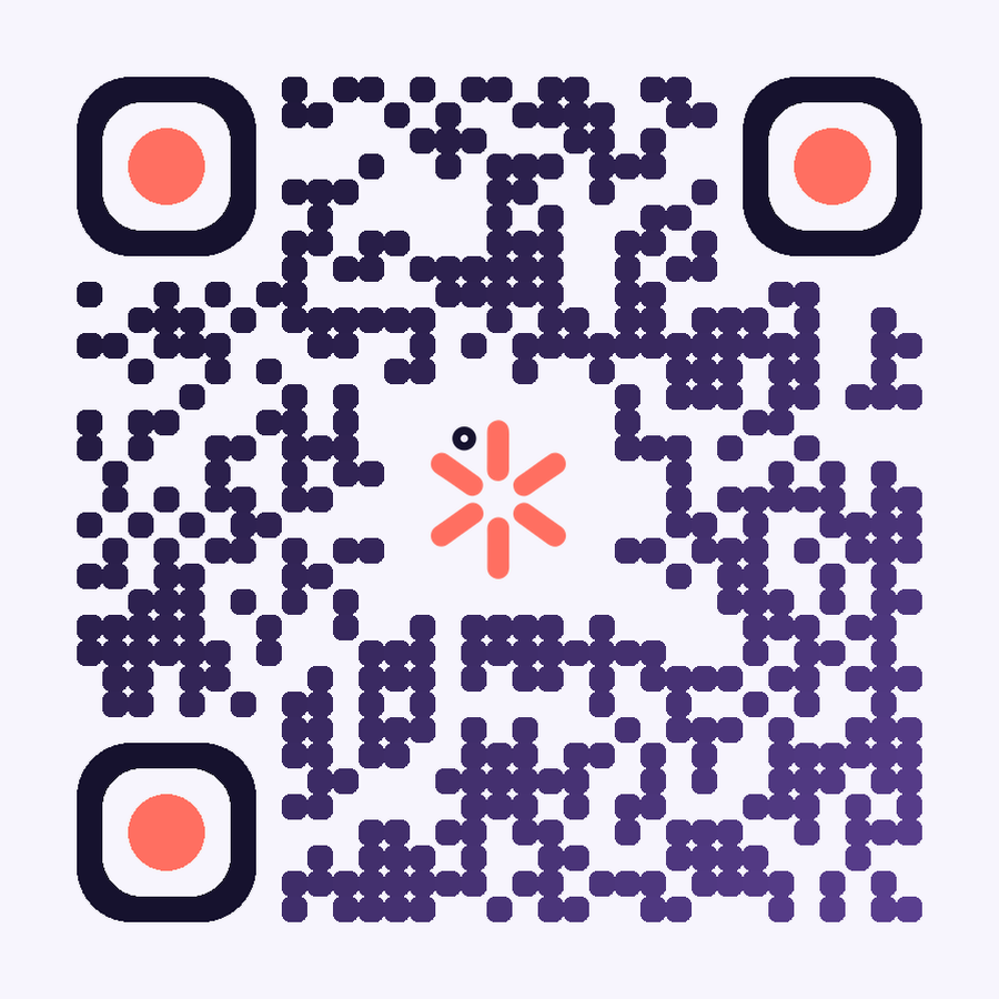 A QR code in a creator's bright coral palette with their own mark in the center.