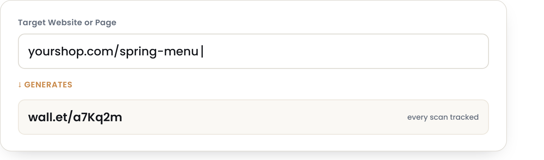 The Target Website or Page field in the Wallet admin portal, cycling through destinations such as a shop's spring menu, with the short wall.et link it generates beneath and a note that every scan is tracked.